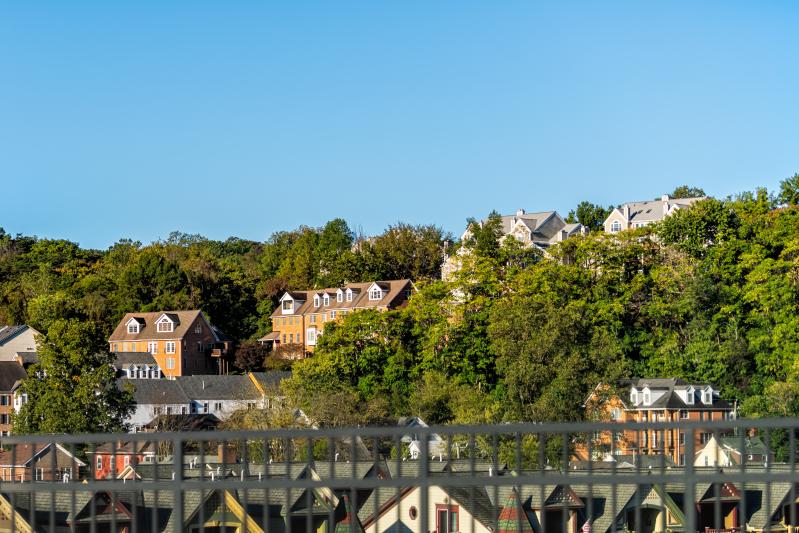 Historic town of Occoquan neighborhood in northern Virginia houses buildings architecture view of cityscape skyline and blue sky in Prince William County near Washington DC